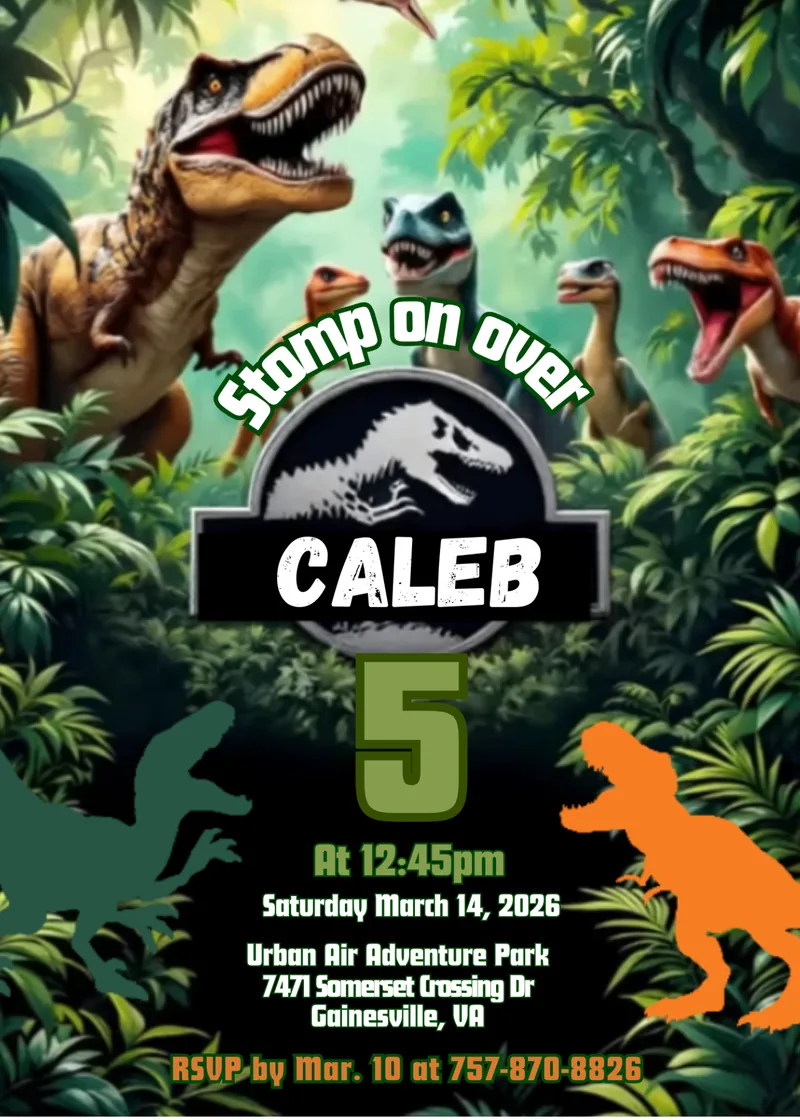 Custom dinosaur-themed birthday invitation design for Caleb's 5th